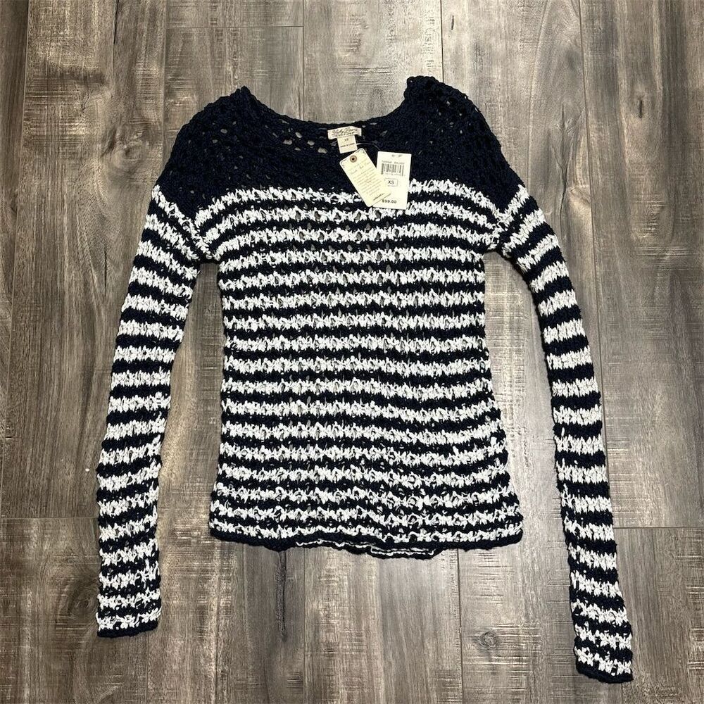 Lucky Brand Women's XS Blue Striped Open-Stitch‎ Pullover Sweater